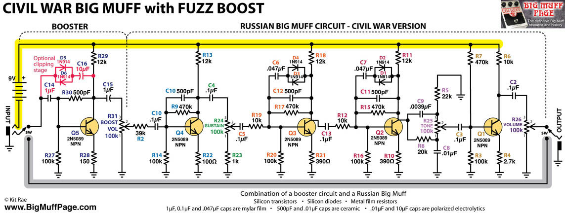 CW Big Muff with Fuzz Boost Schematic